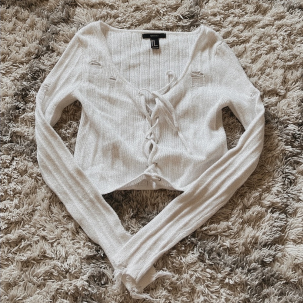 White distressed laceup crop top sweater